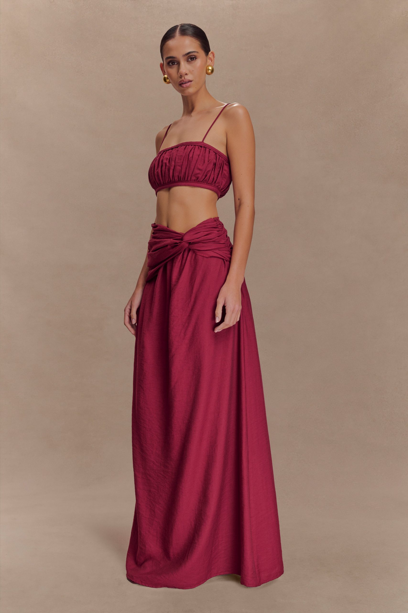 Scottie Gathered Linen Knot Maxi Skirt - Wine - Image 2