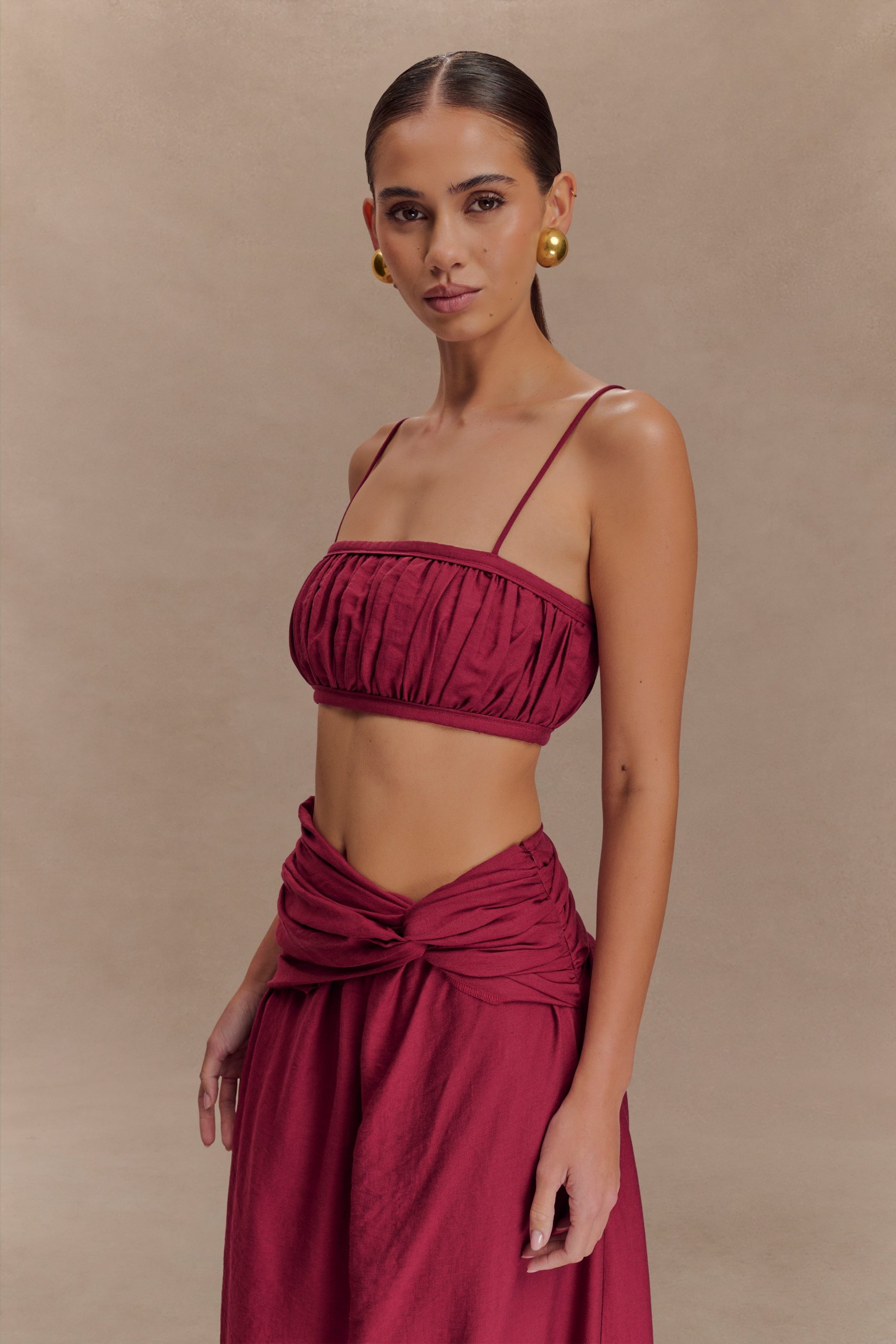 Scottie Shirred Linen Bandeau - Wine - Image 2