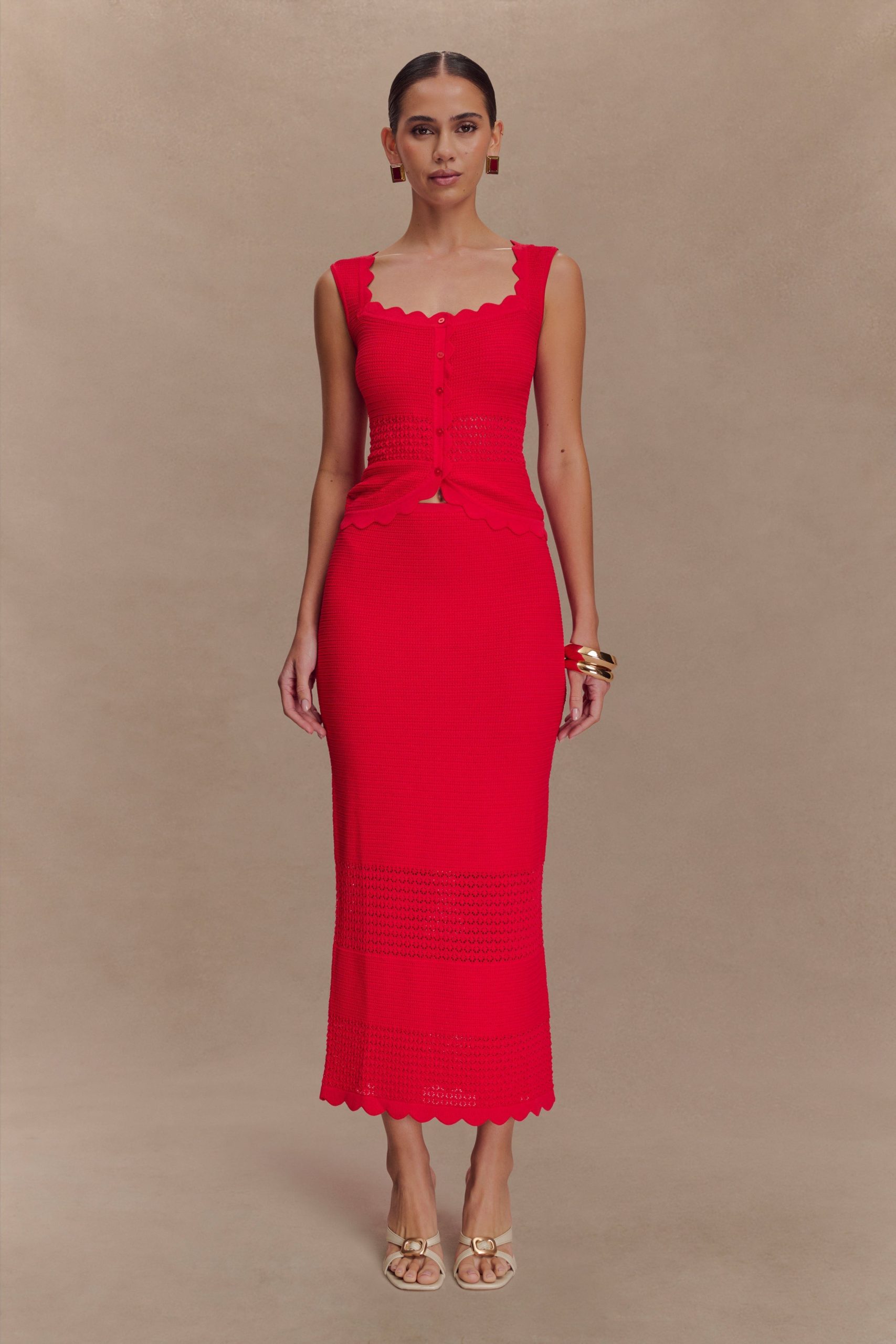 Madeline Scallop Knit Midi Skirt - Red - Image 3