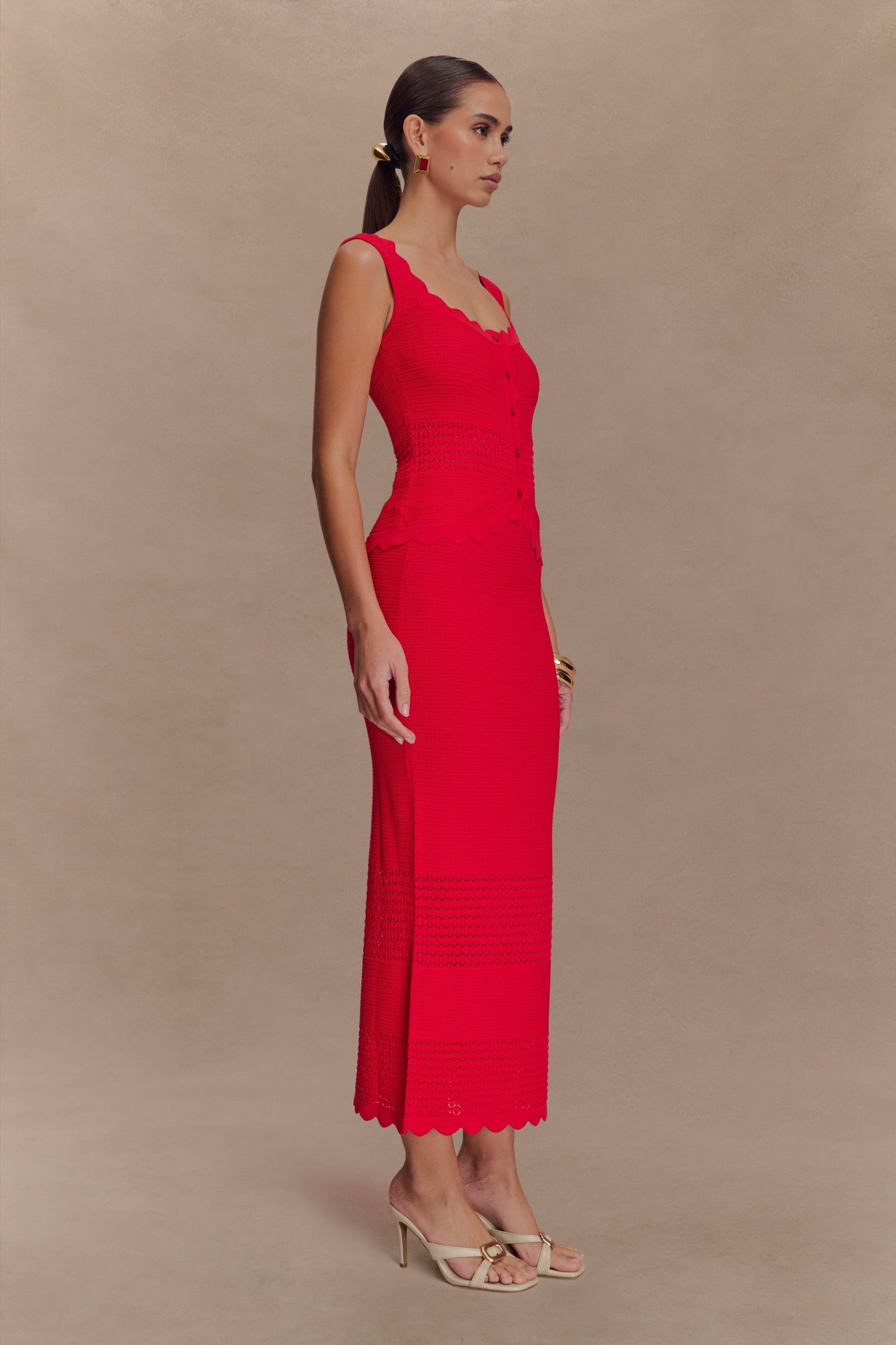 Madeline Scallop Knit Midi Skirt - Red - Image 4