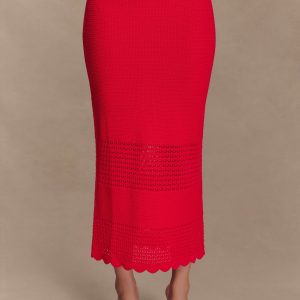 Madeline Scallop Knit Midi Skirt - Red