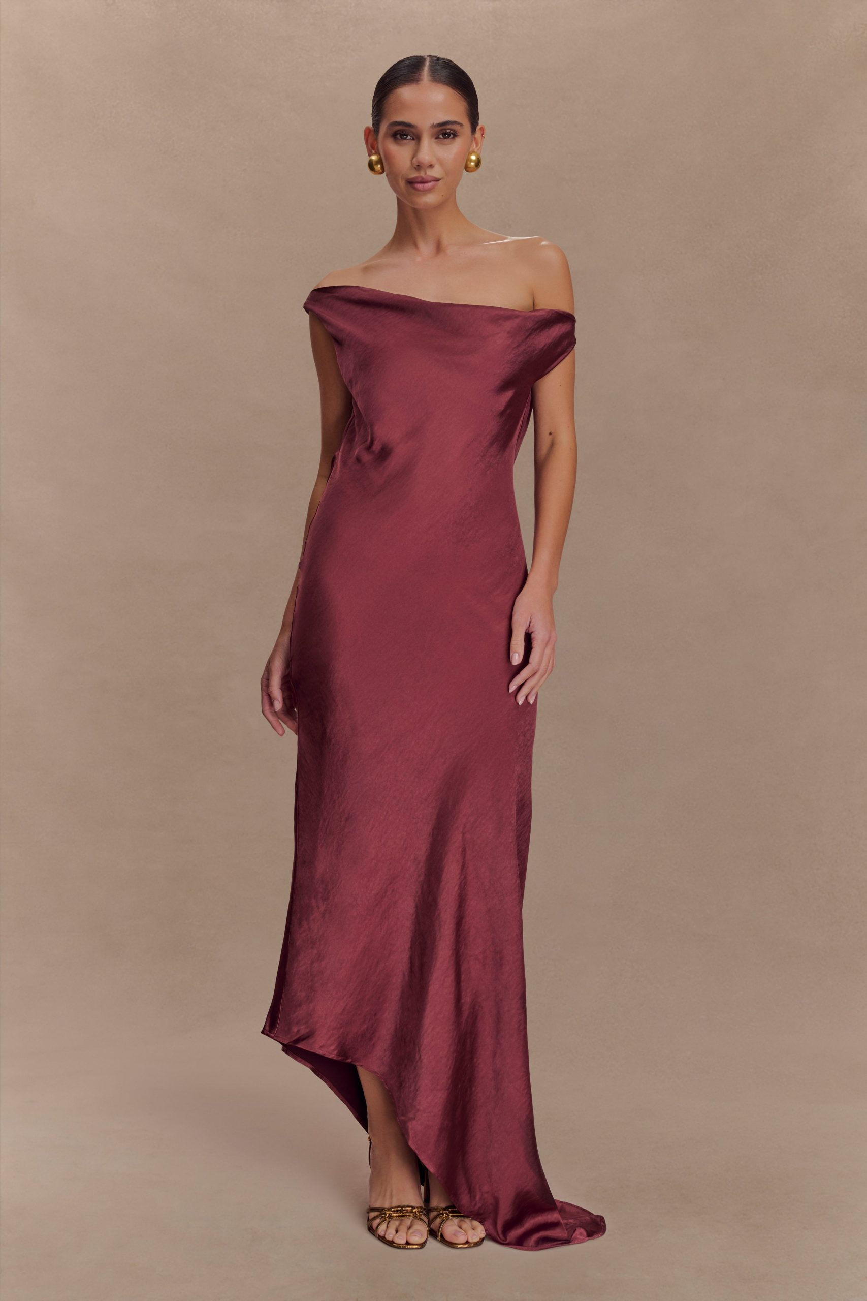 Yvette Slip Maxi Dress With Asymmetrical Hem - Brown Cherry - Image 3
