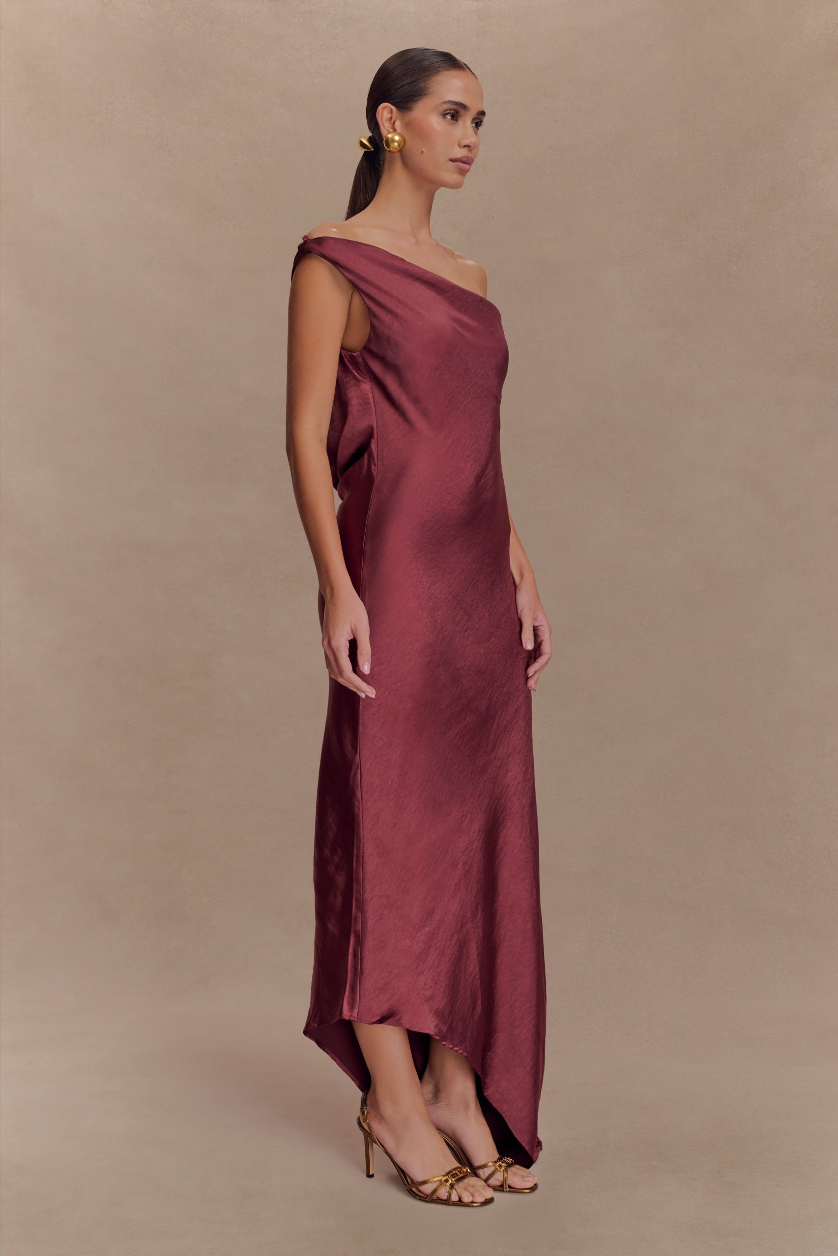 Yvette Slip Maxi Dress With Asymmetrical Hem - Brown Cherry - Image 5