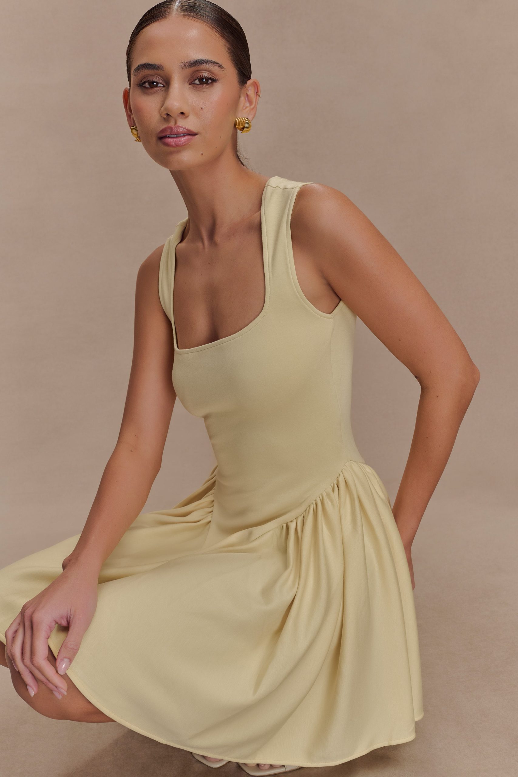 Sharon Scuba Jersey Mini Dress - Pastel Lemon - Image 3