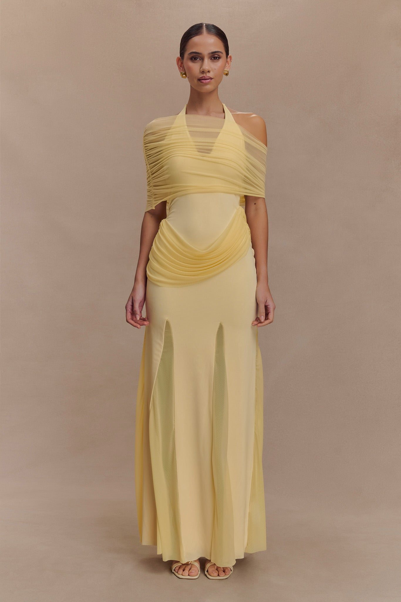 Gabrielle Slinky And Mesh Maxi Dress - Lemon - Image 2