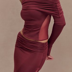 Judy Slinky And Mesh Off Shoulder Top - Wine