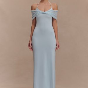 Bernadina Mesh And Slinky Halter Maxi Dress - Pale Blue