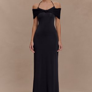 Bernadina Mesh And Slinky Halter Maxi Dress - Black