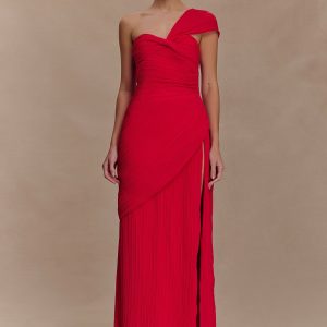 Tamara Shirred Chiffon Midi Dress - Red