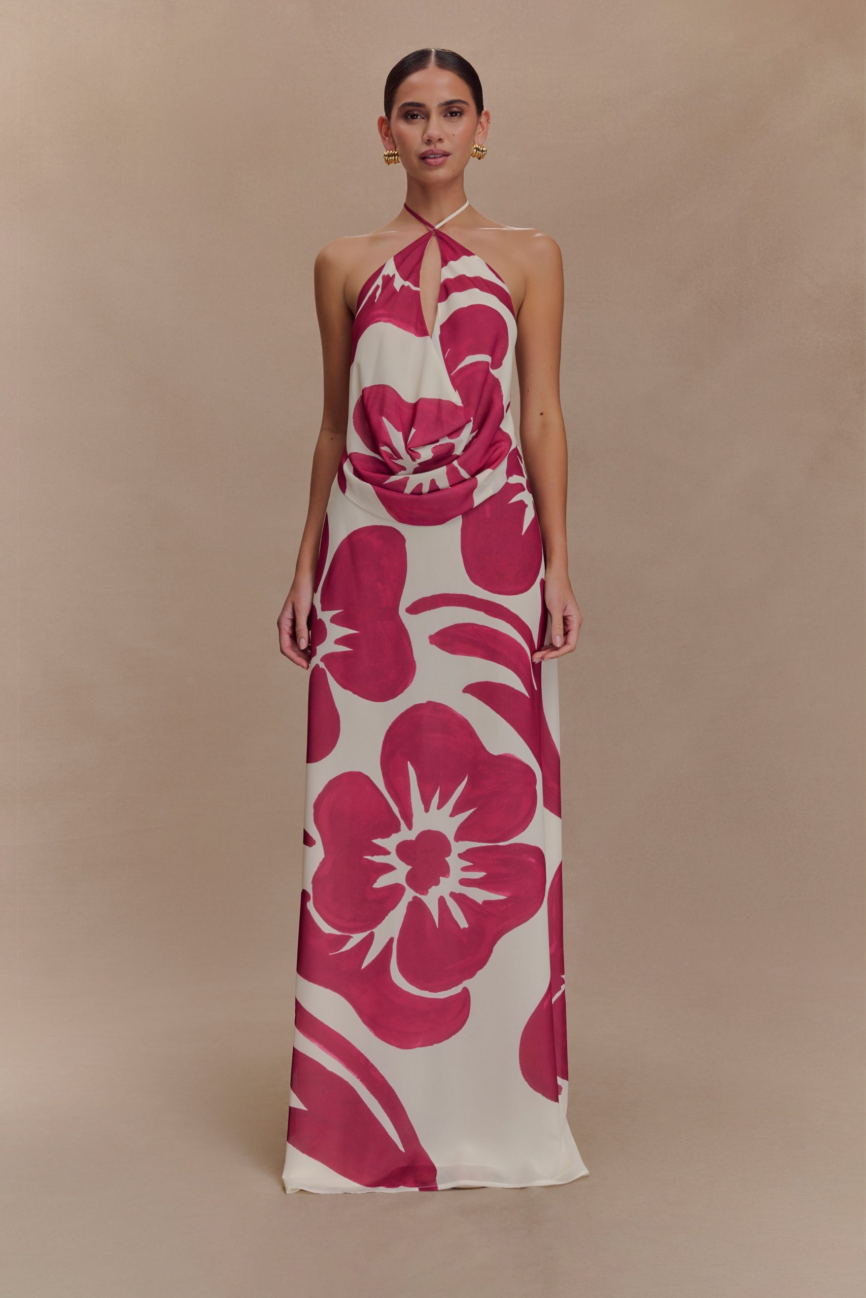 Katalina Chiffon Cowl Halter Top - Red Deco Fleur Print - Image 6