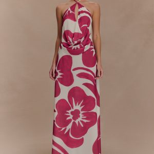 Katalina Chiffon Maxi Skirt - Red Deco Fleur Print