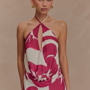 Katalina Chiffon Cowl Halter Top - Red Deco Fleur Print