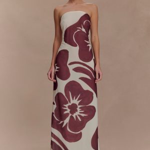 Amaya Strapless Chiffon Maxi Dress - Brown Deco Fleur Print