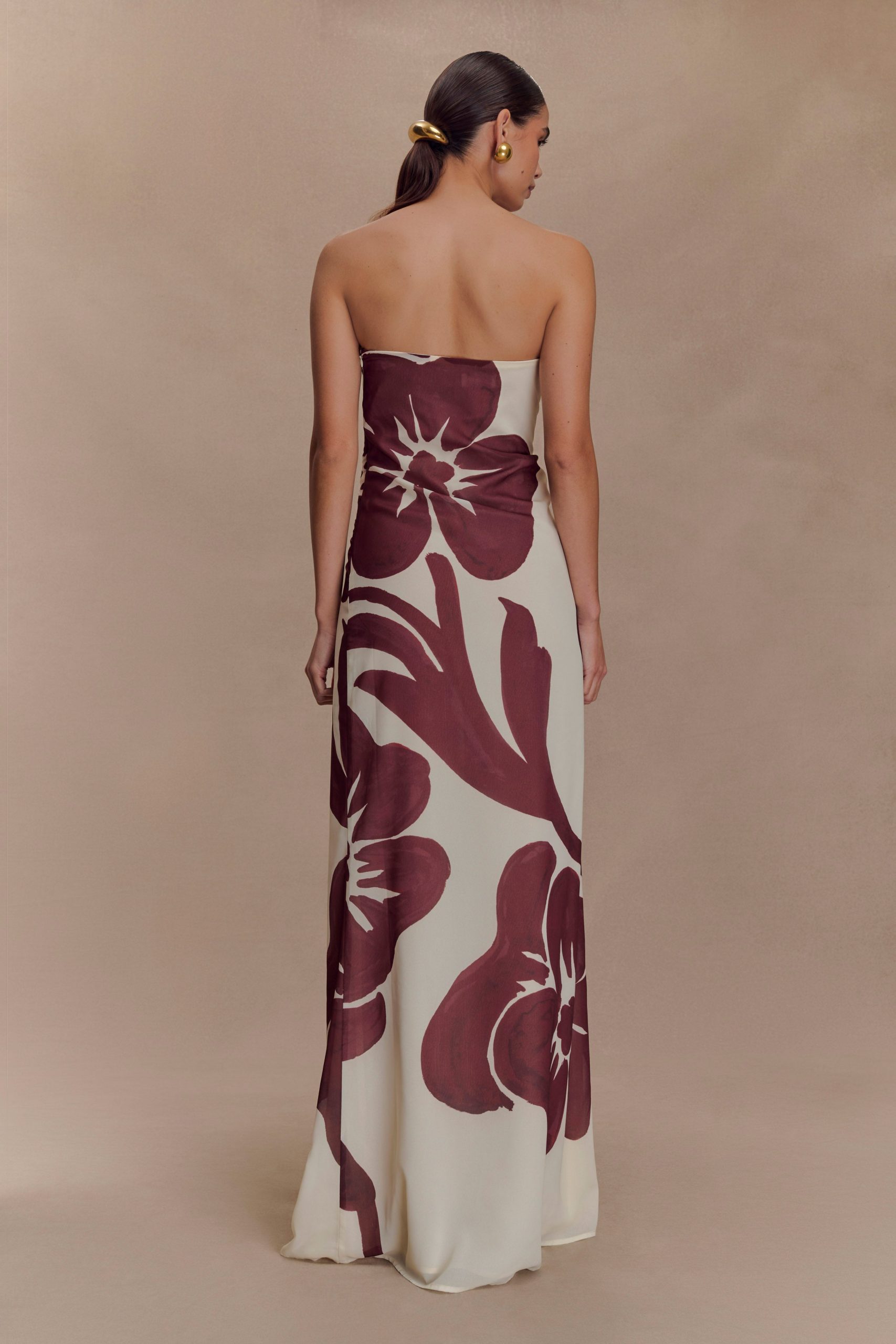Amaya Strapless Chiffon Maxi Dress - Brown Deco Fleur Print - Image 2