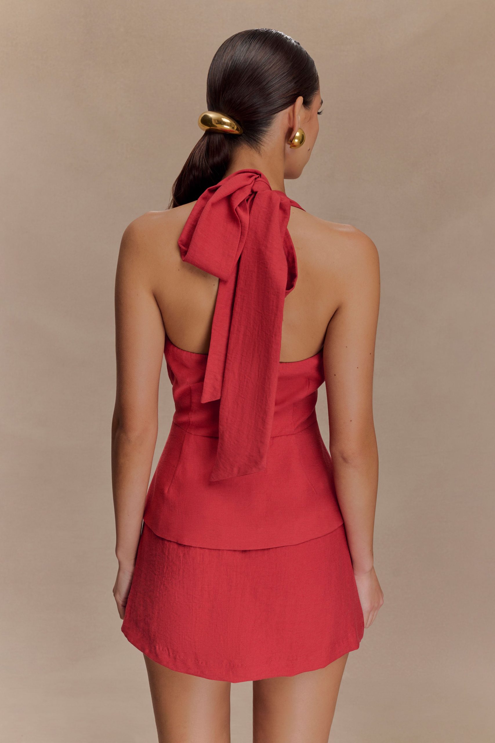 Kallie Linen Peplum Halter Top - Burnt Rose - Image 2