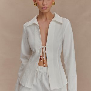 Annalee Cotton Beaded Tie Shirt - White
