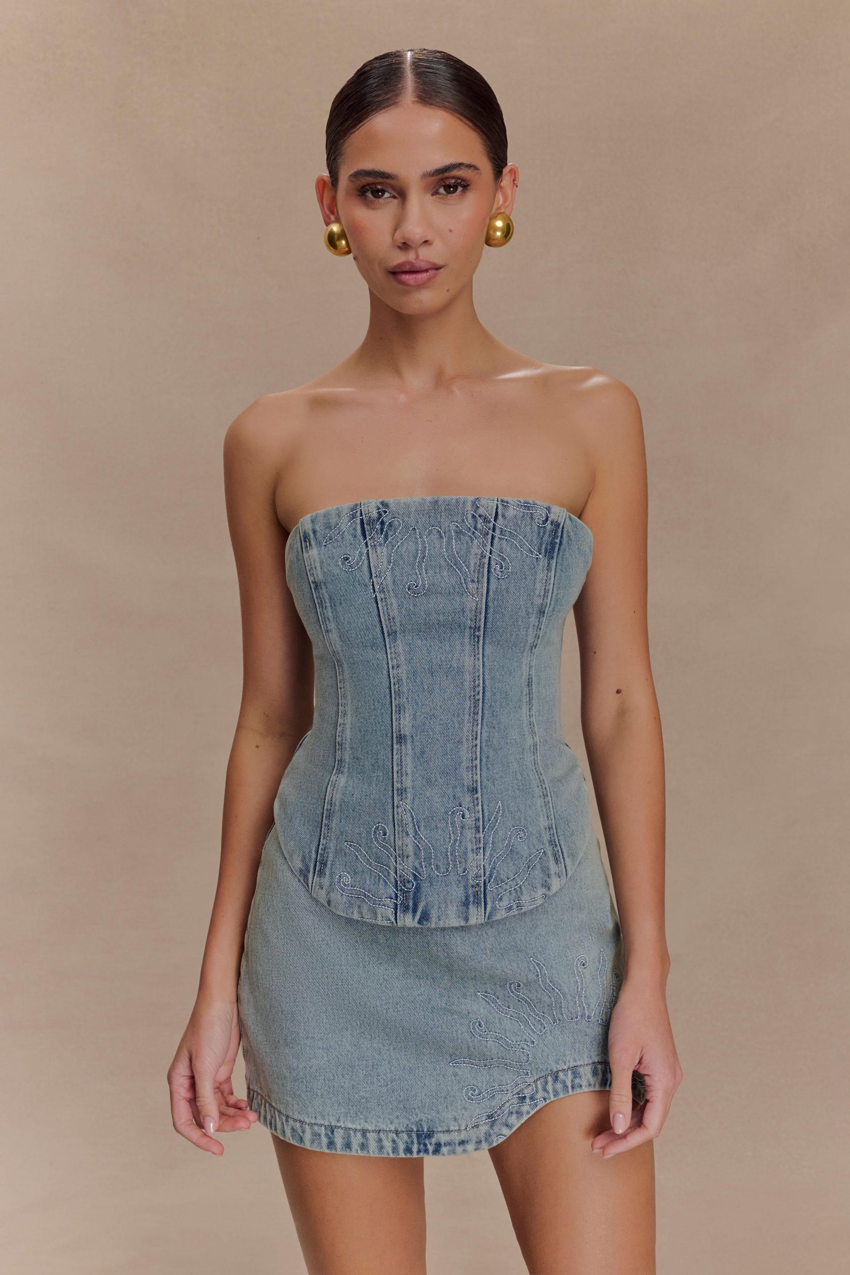 Alessia Embroidered Denim Corset - Light Vintage