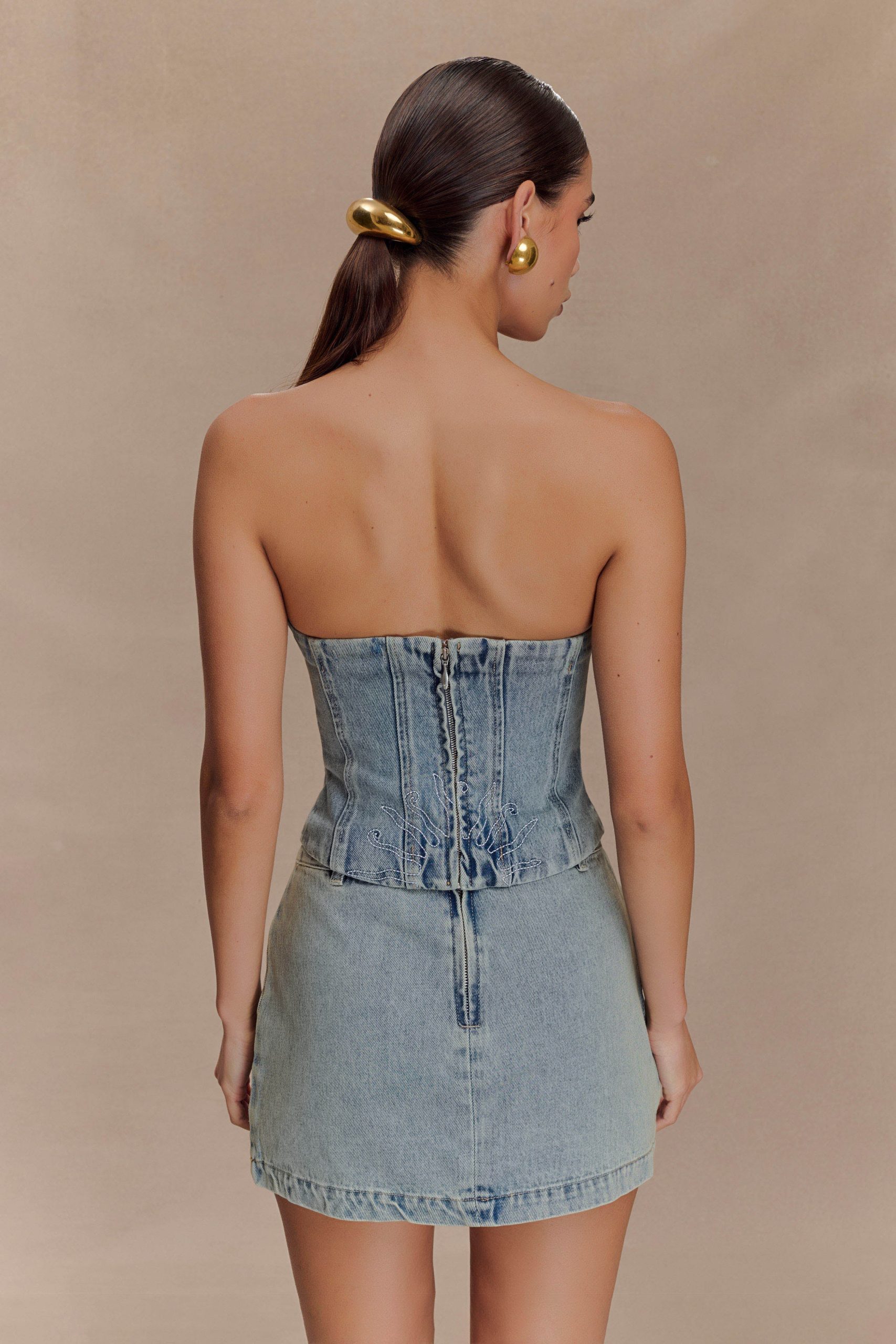 Alessia Embroidered Denim Corset - Light Vintage - Image 2