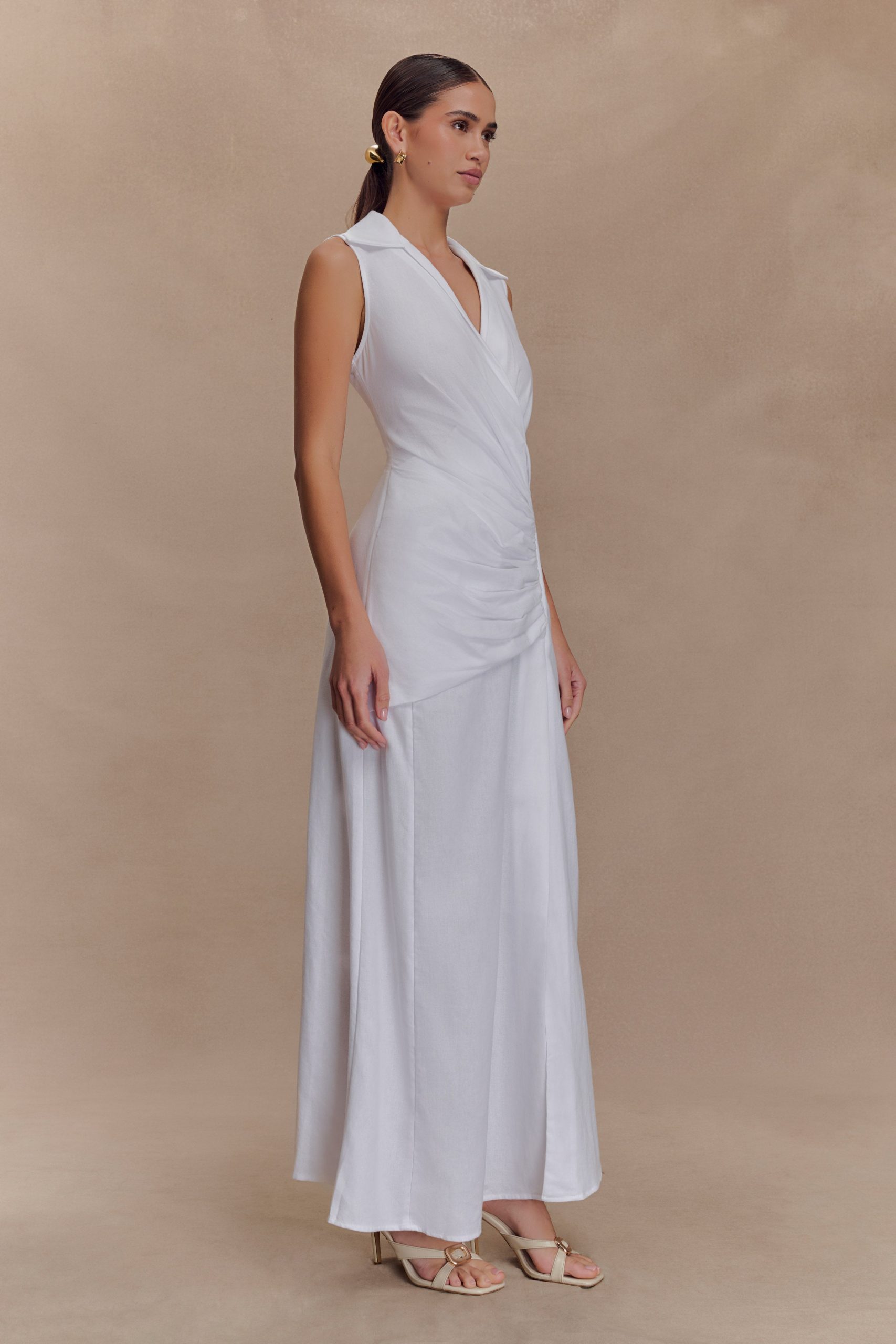 Dante Ruched Linen Midi Dress - White - Image 6