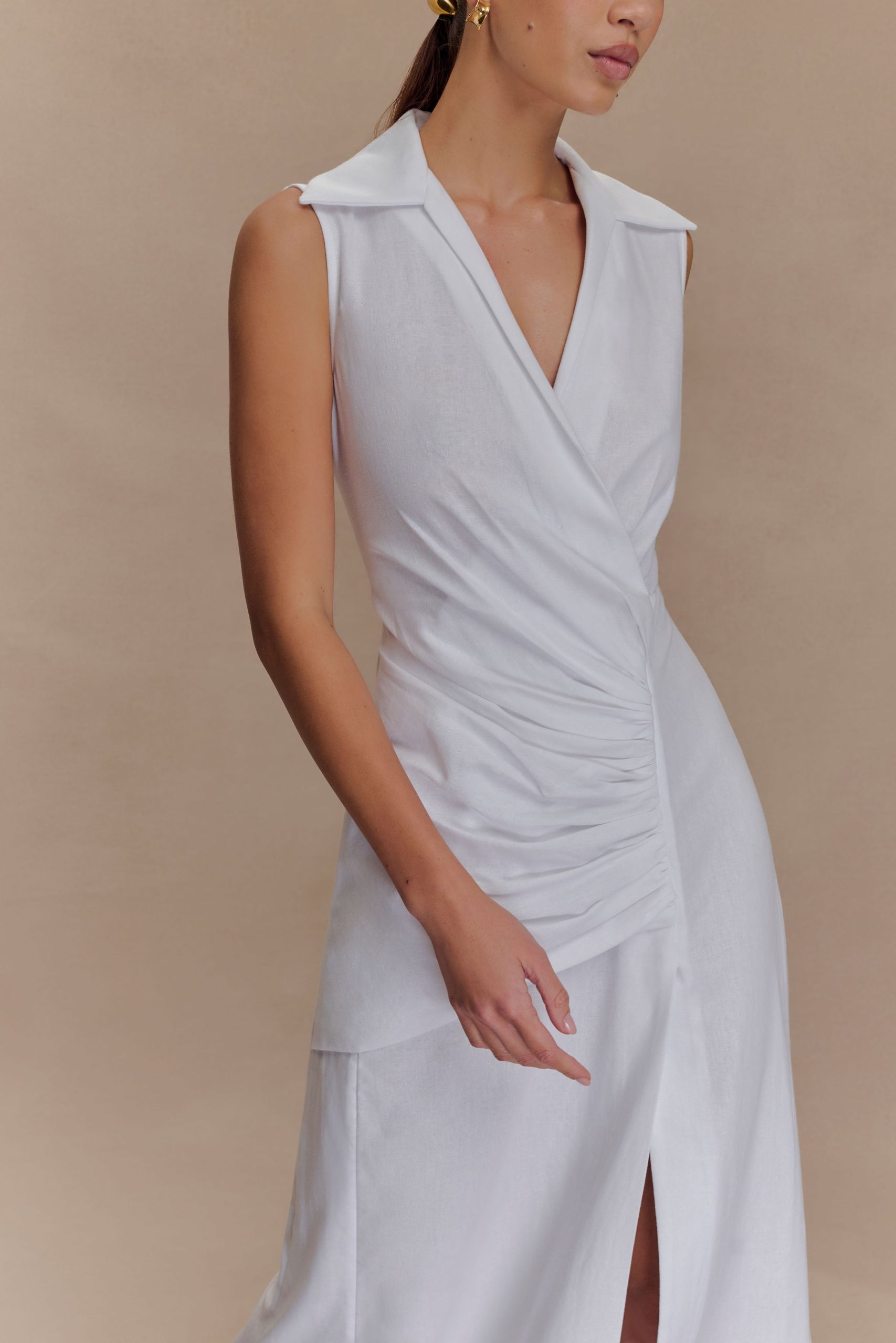 Dante Ruched Linen Midi Dress - White - Image 8