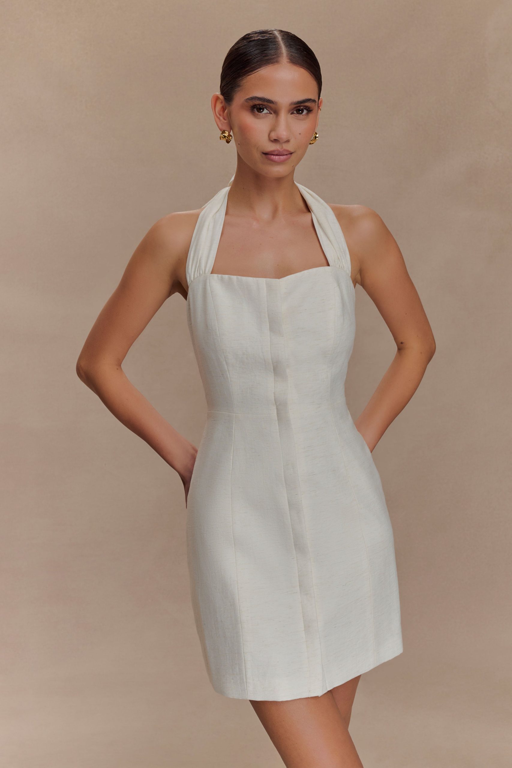 Anya Linen Halter Mini Dress - Oat Marle - Image 2