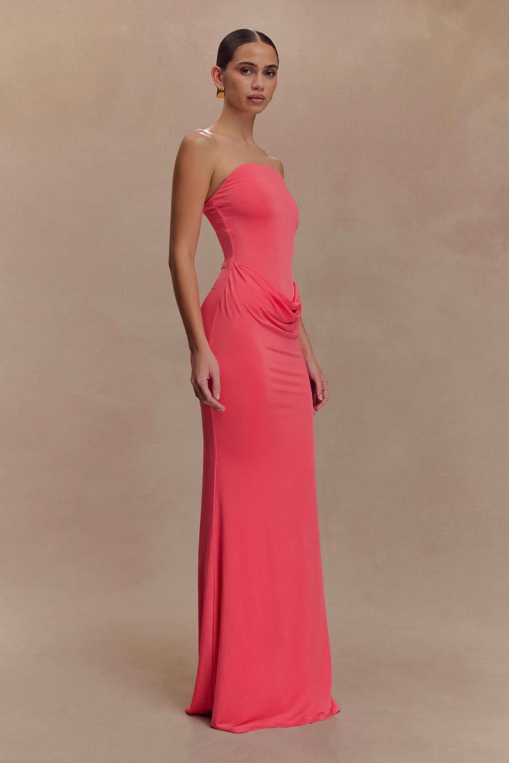 Madison Strapless Slinky Maxi Dress - Coral - Image 4