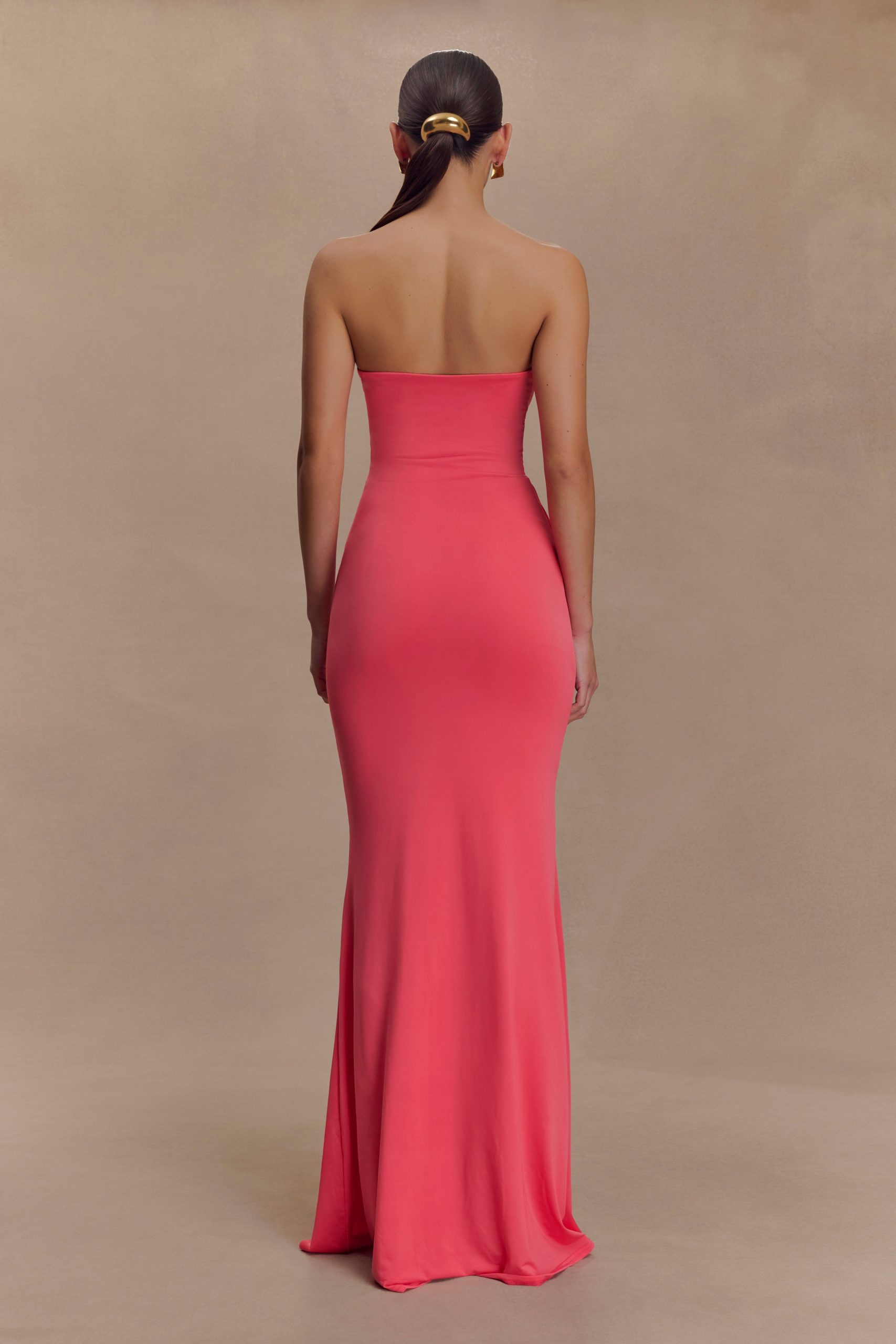 Madison Strapless Slinky Maxi Dress - Coral - Image 2