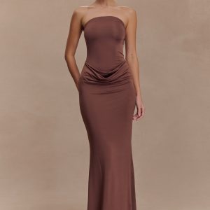 Madison Strapless Slinky Maxi Dress - Chocolate