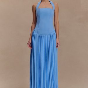 Stacie Pleated Halter Maxi Dress - Bright Blue