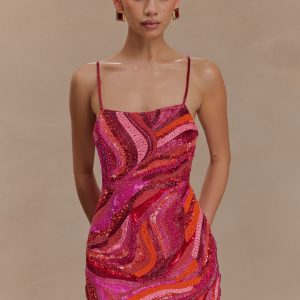 Eloise Hand Beaded Mini Dress - Pink Swirl Print