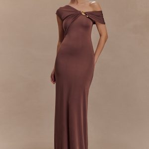 Ashford Asymmetrical Slinky Maxi Dress - Chocolate