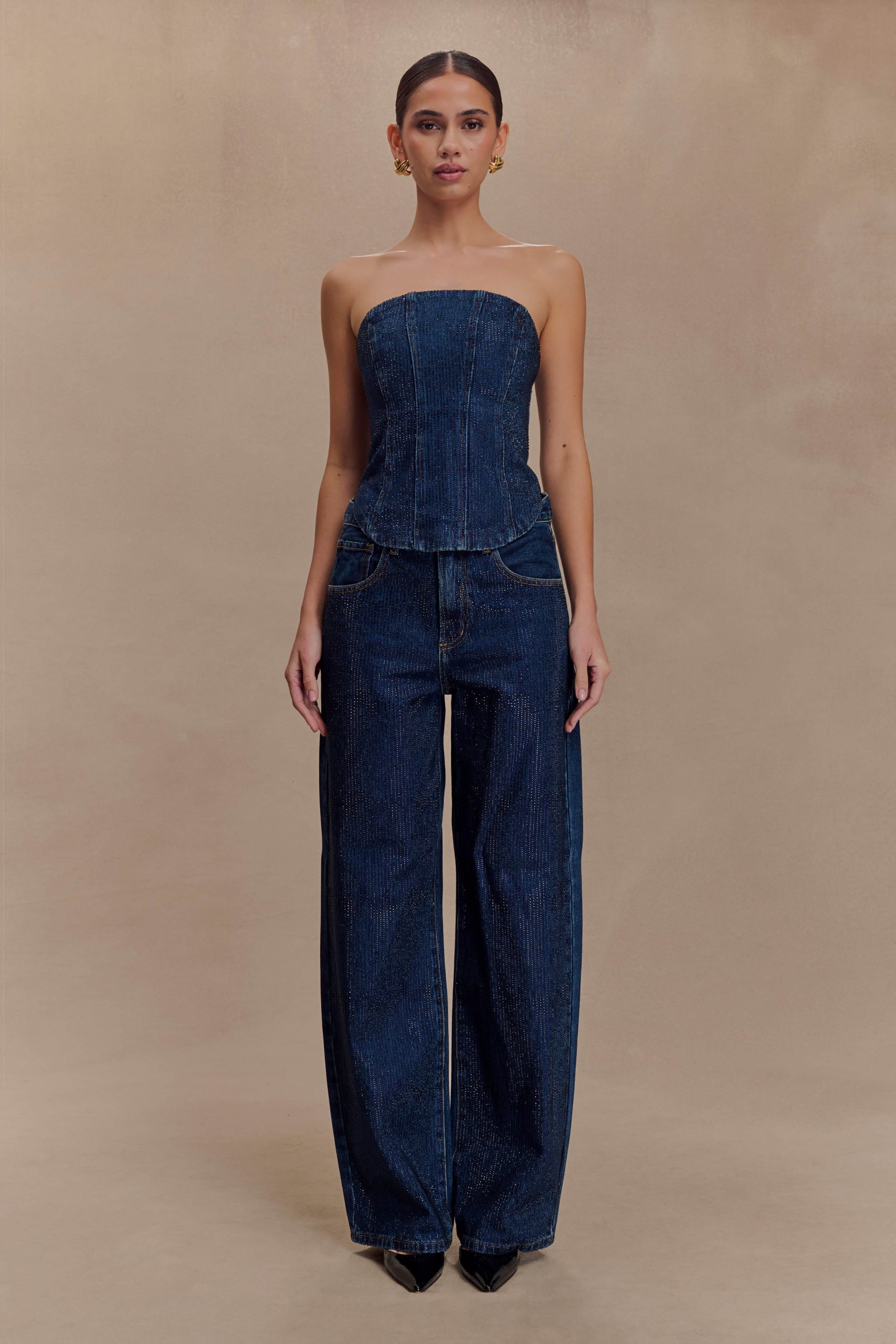 Laina Mid Rise Diamante Denim Jeans - Midnight Blue - Image 3