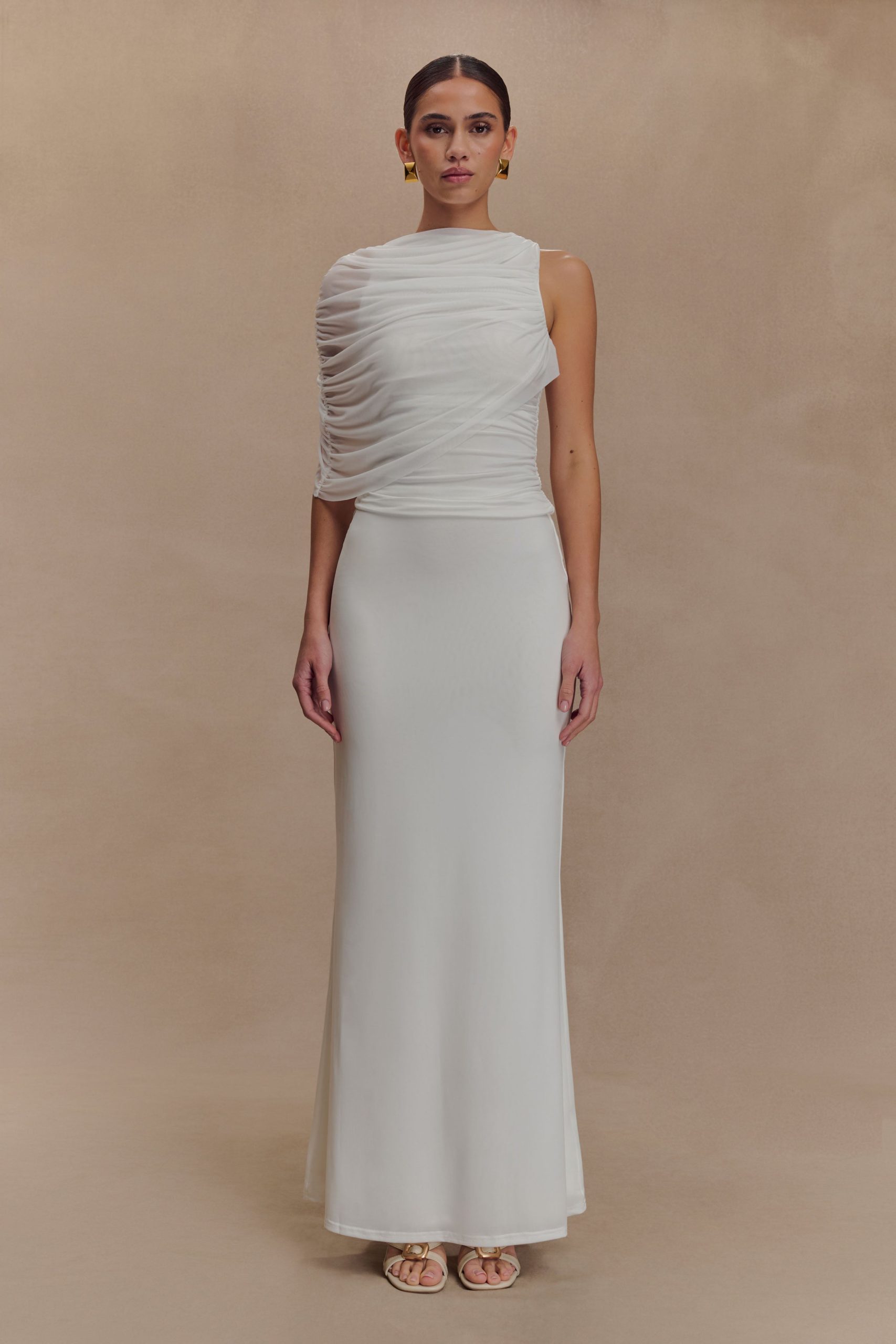 Pruedance Slinky Draped Top With Mesh Overlay - White - Image 5