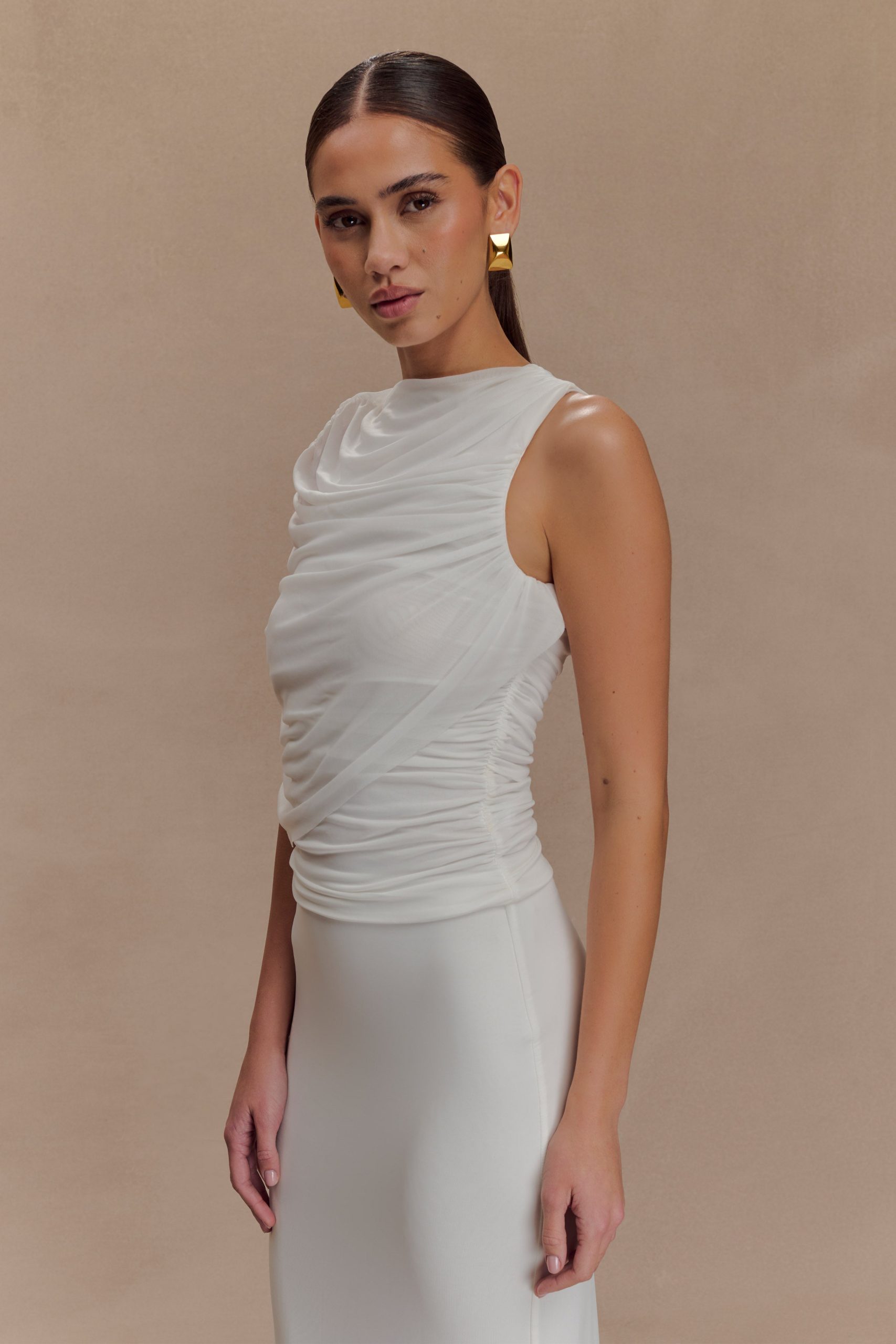 Pruedance Slinky Draped Top With Mesh Overlay - White - Image 4
