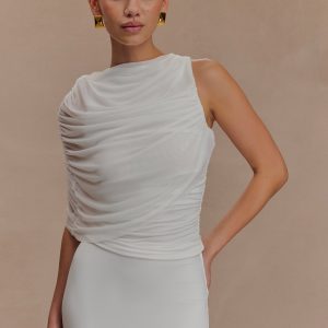 Pruedance Slinky Draped Top With Mesh Overlay - White