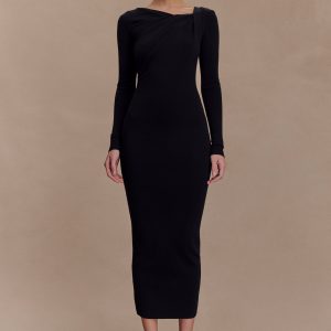Culver Draped Twist Knit Midi Dress - Black