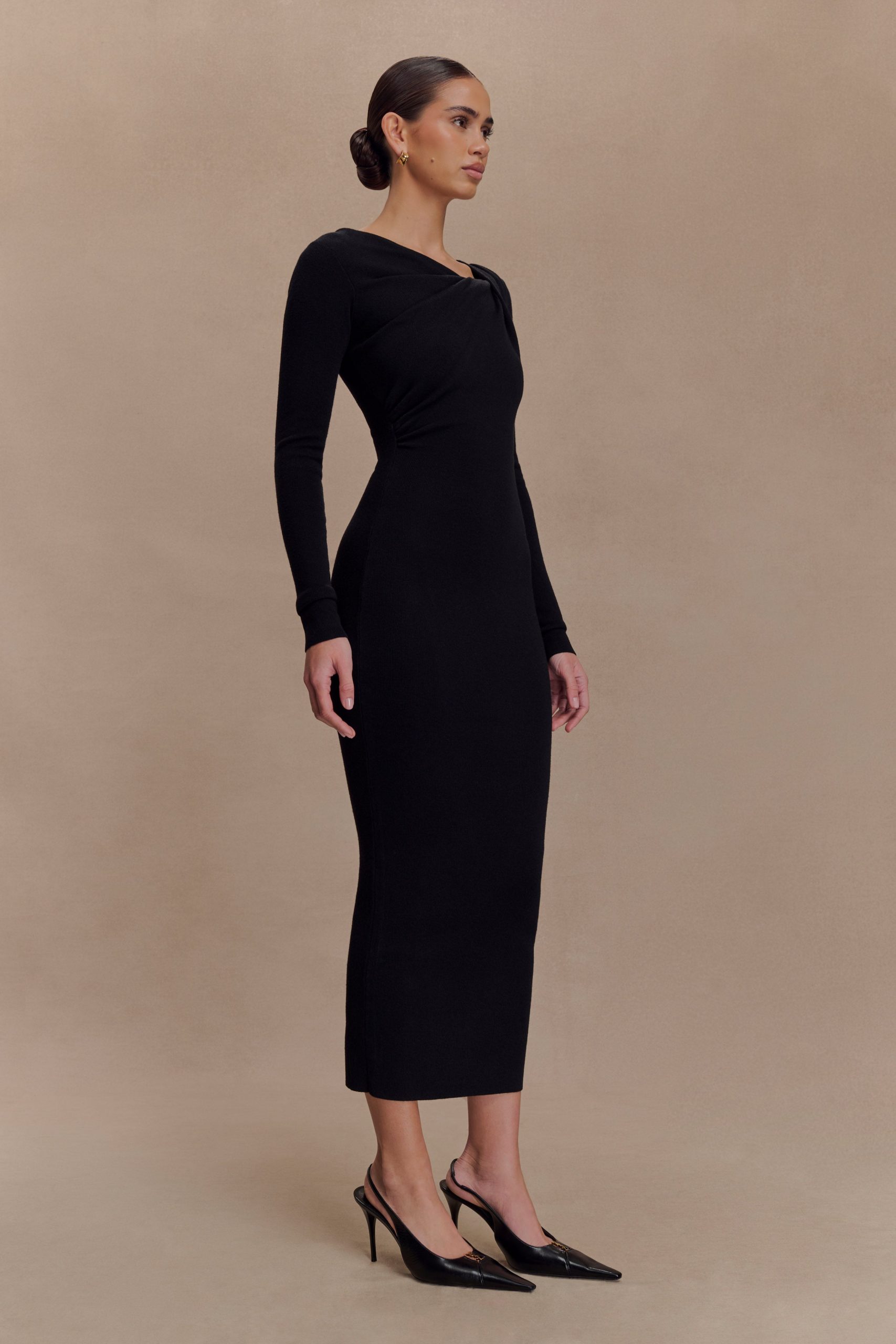 Culver Draped Twist Knit Midi Dress - Black - Image 4