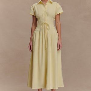 Aysha Buttoned Linen Midi Dress - Lemon