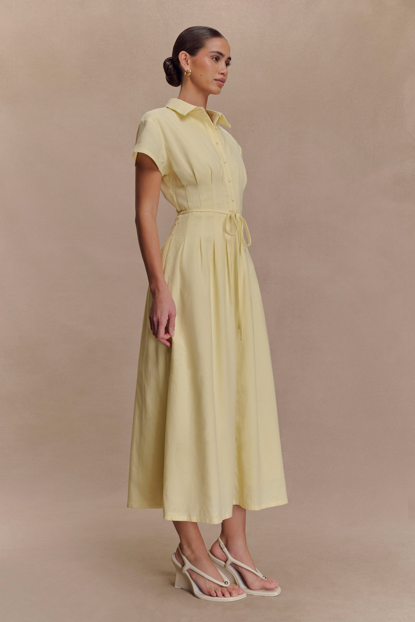 Aysha Buttoned Linen Midi Dress - Lemon - Image 3