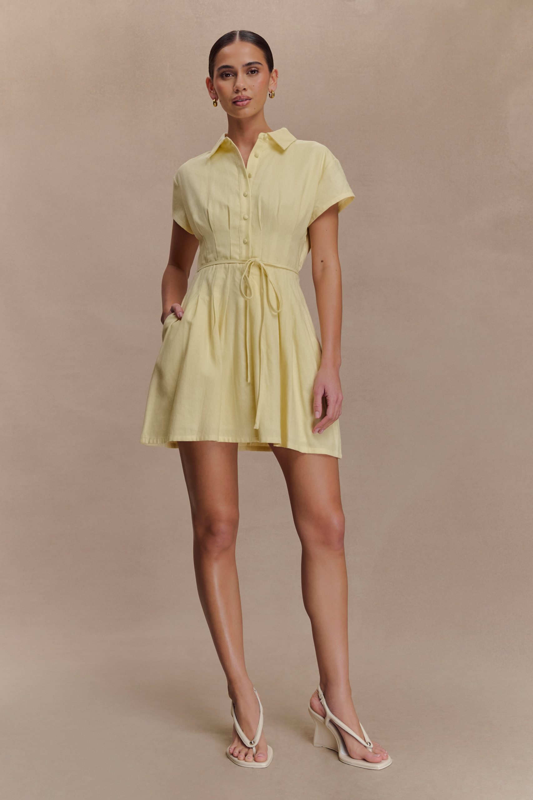 Aysha Buttoned Linen Mini Dress - Lemon - Image 2