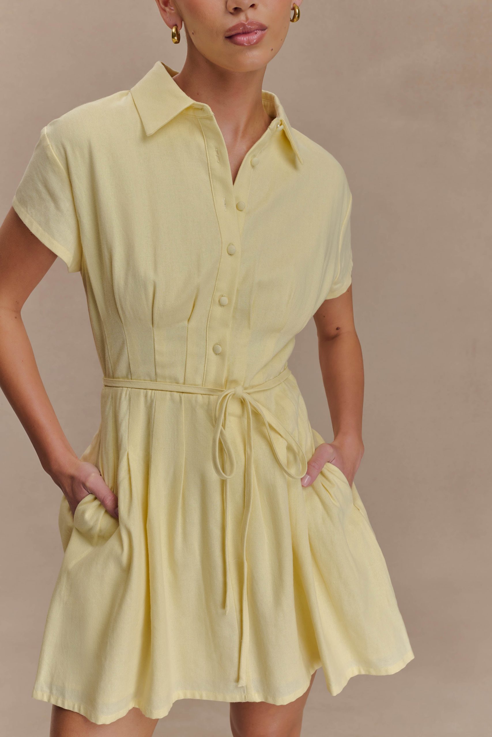Aysha Buttoned Linen Mini Dress - Lemon - Image 4