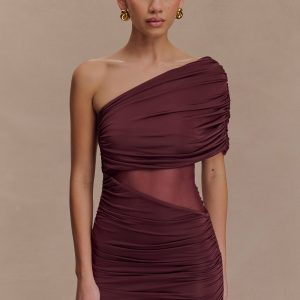 Dallas One Shoulder Mesh Mini Dress - Mahogany