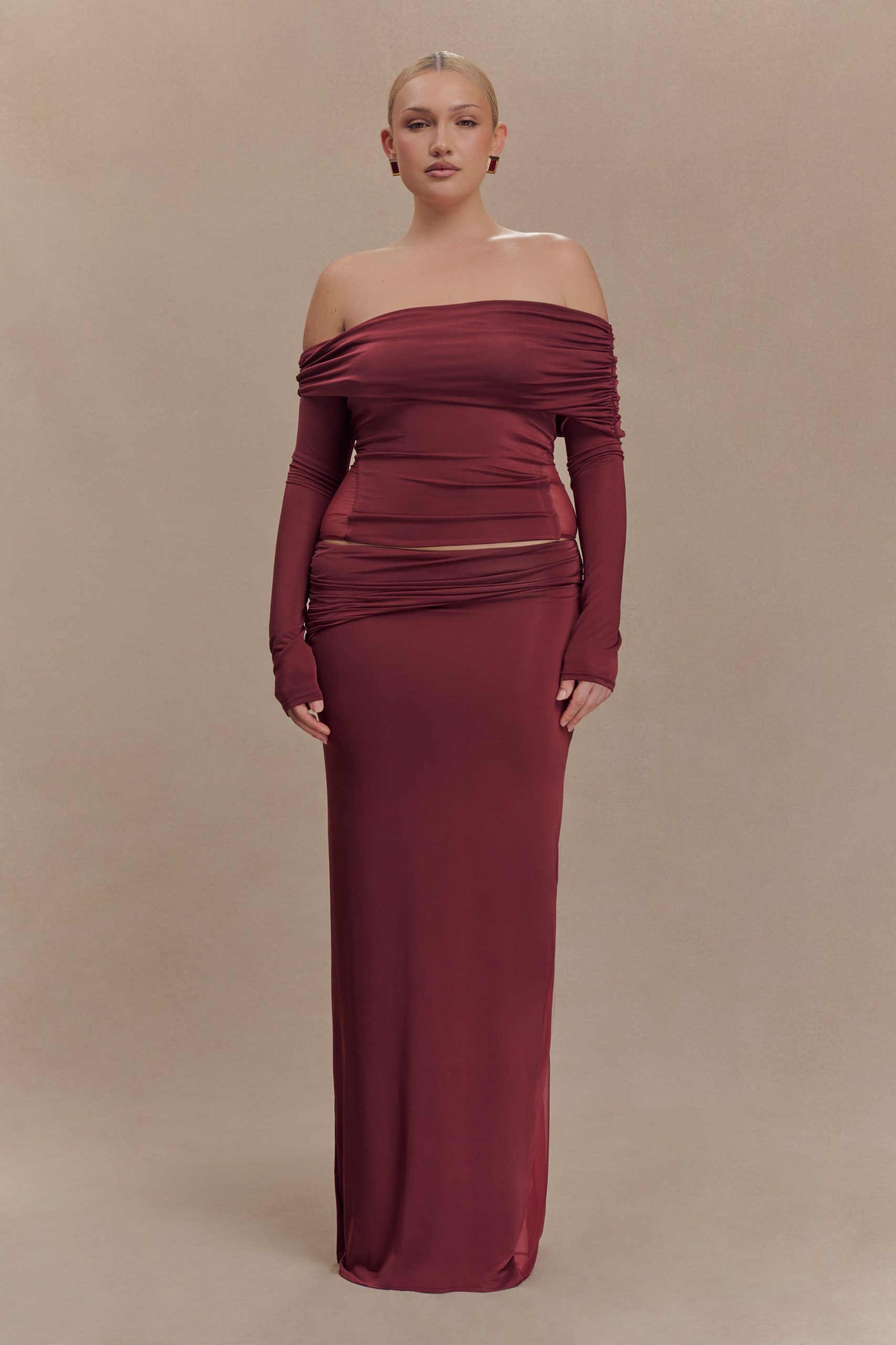 Judy Slinky And Mesh Maxi Skirt - Wine - Image 5