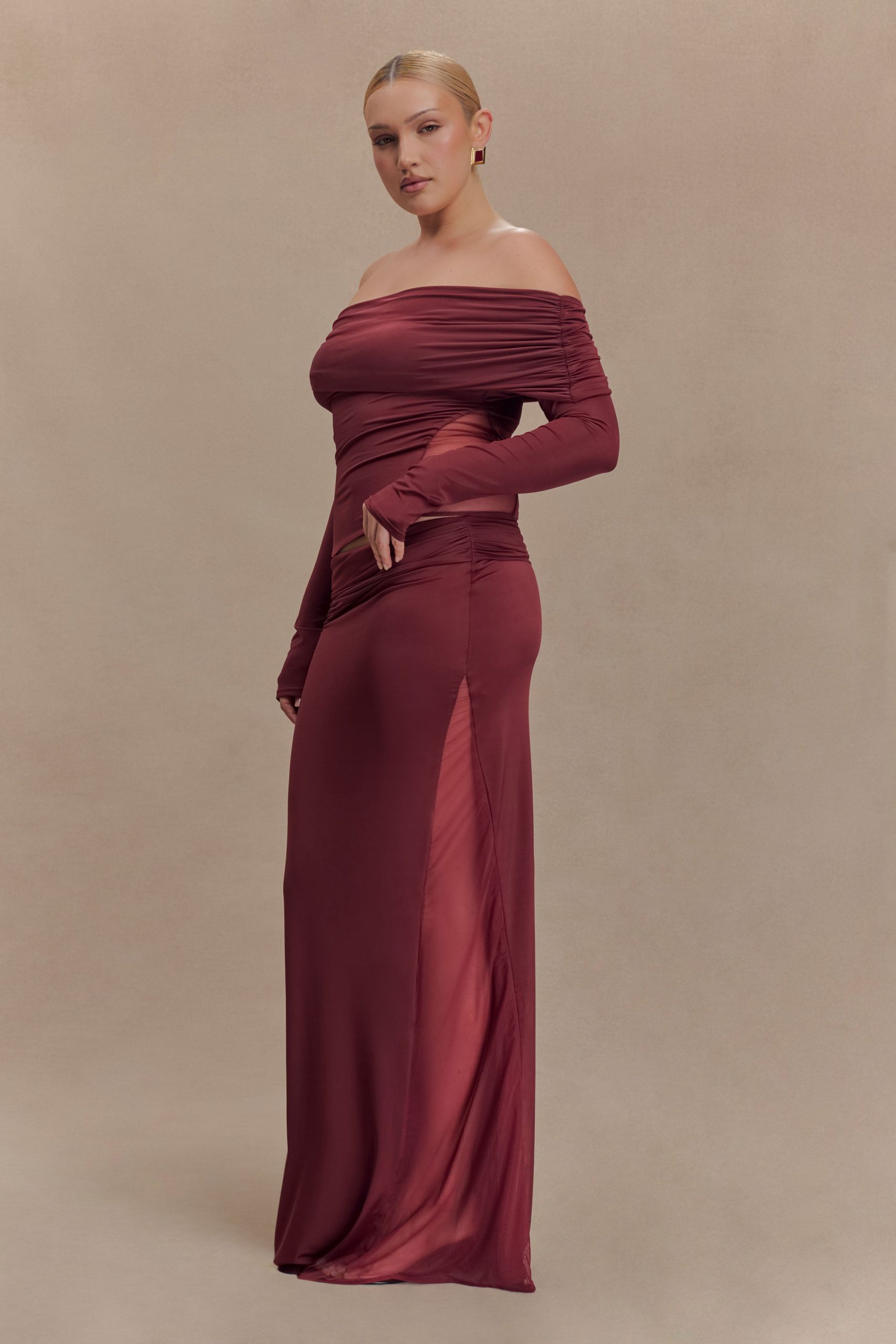 Judy Slinky And Mesh Maxi Skirt - Wine - Image 8