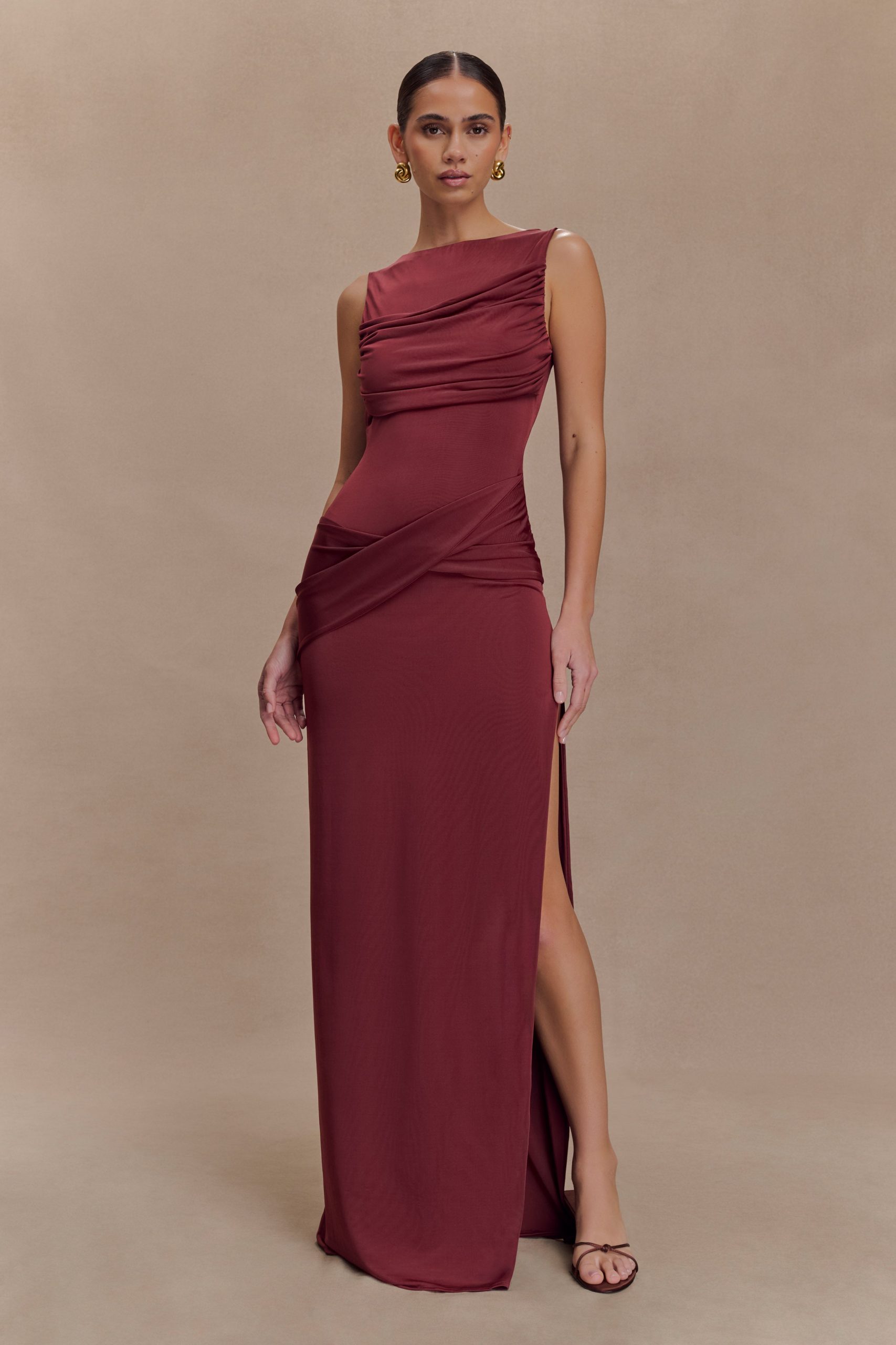 Henley Slinky Drape Maxi Dress - Wine - Image 5