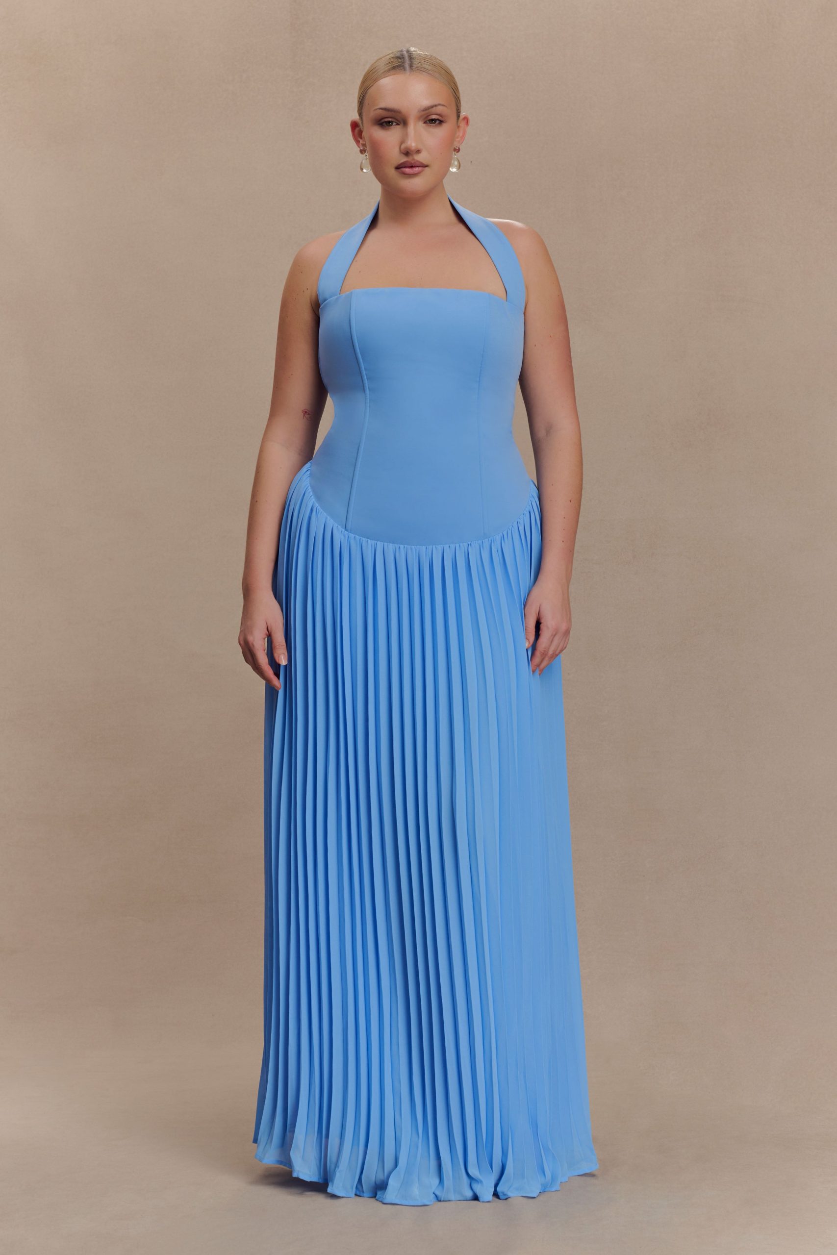 Stacie Pleated Halter Maxi Dress - Bright Blue - Image 9