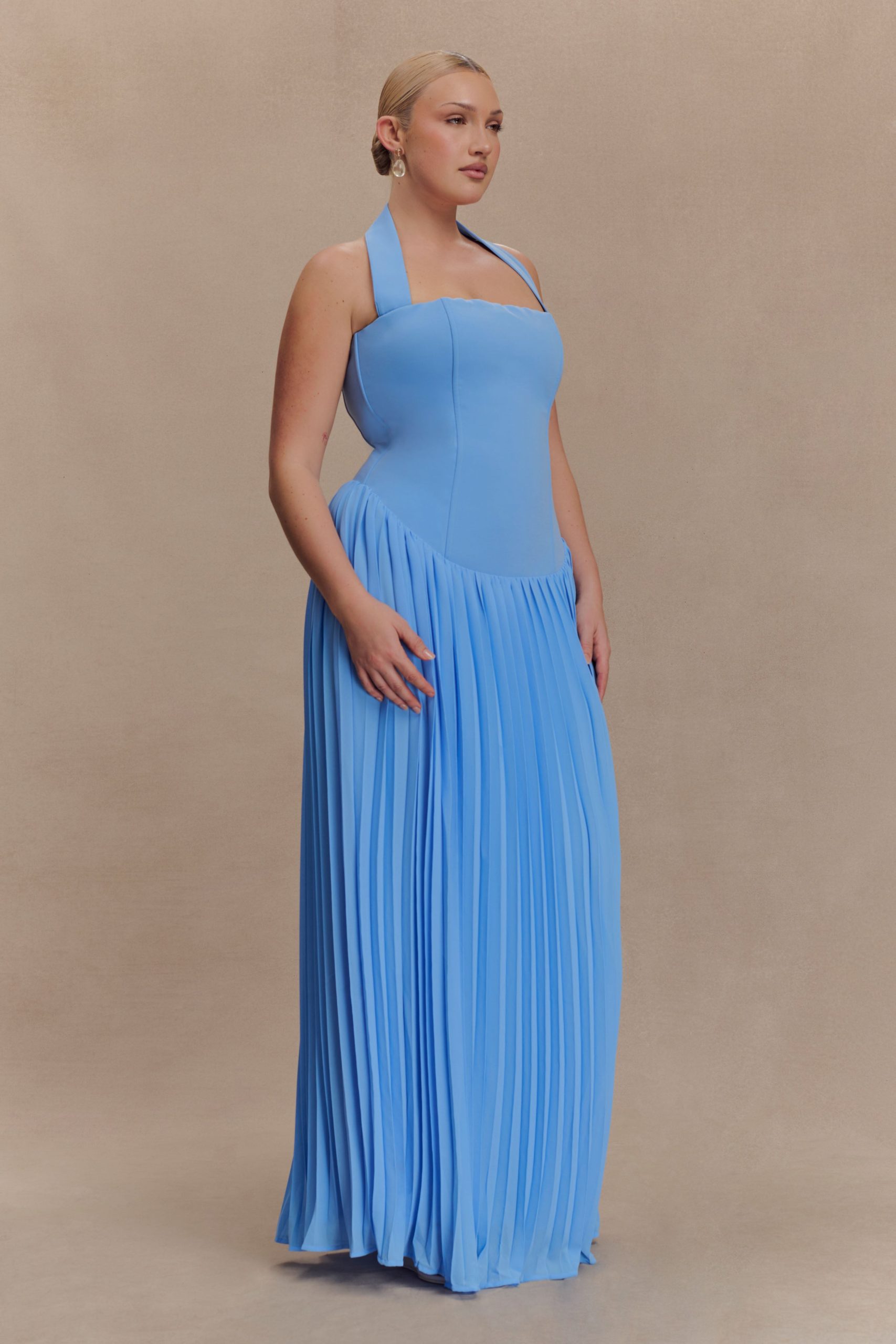 Stacie Pleated Halter Maxi Dress - Bright Blue - Image 5