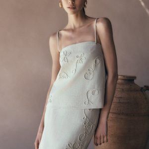 Casey Linen Corded Embroidered Linen Top - Natural