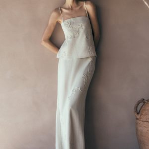 Casey Linen Embroidered Maxi Skirt - Natural