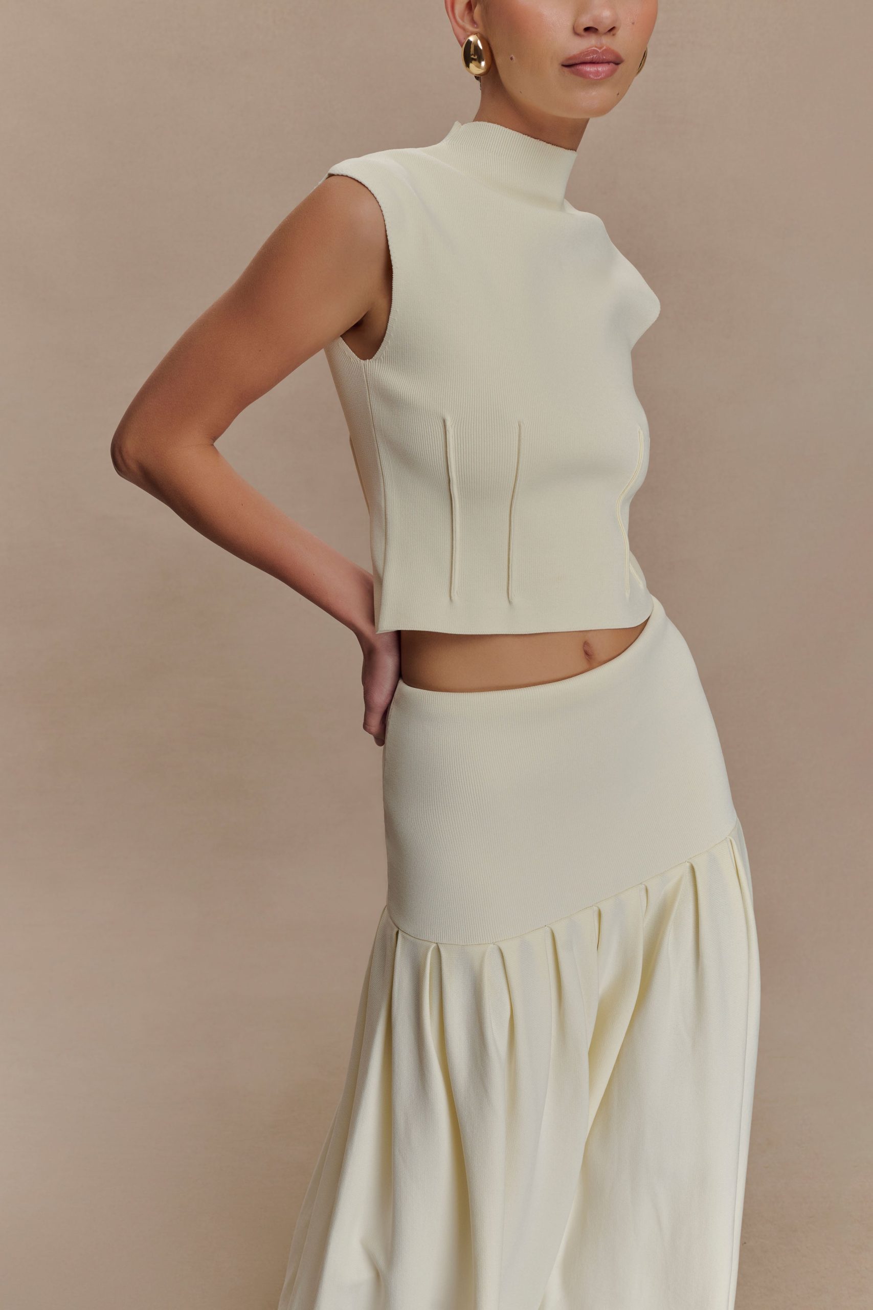 Romaine High Neck Bandage Knit Top - Ivory - Image 3